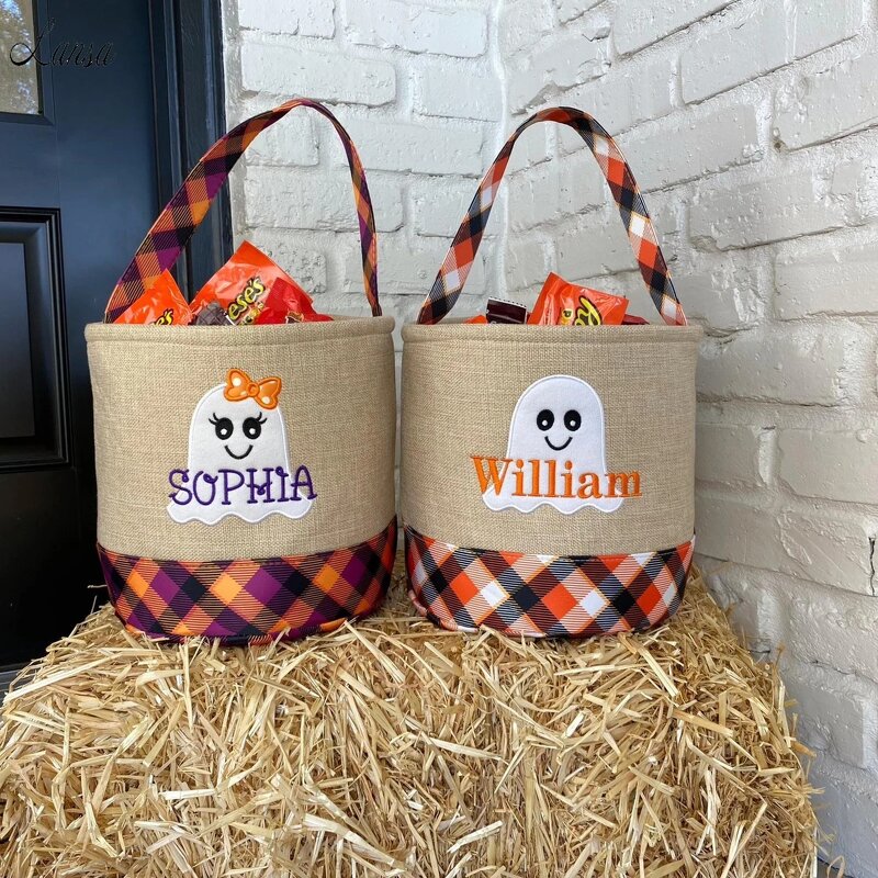 Halloween Bucket Factory - OEM/ODM Orange Black Plaid Ghost Embroidery Bucket