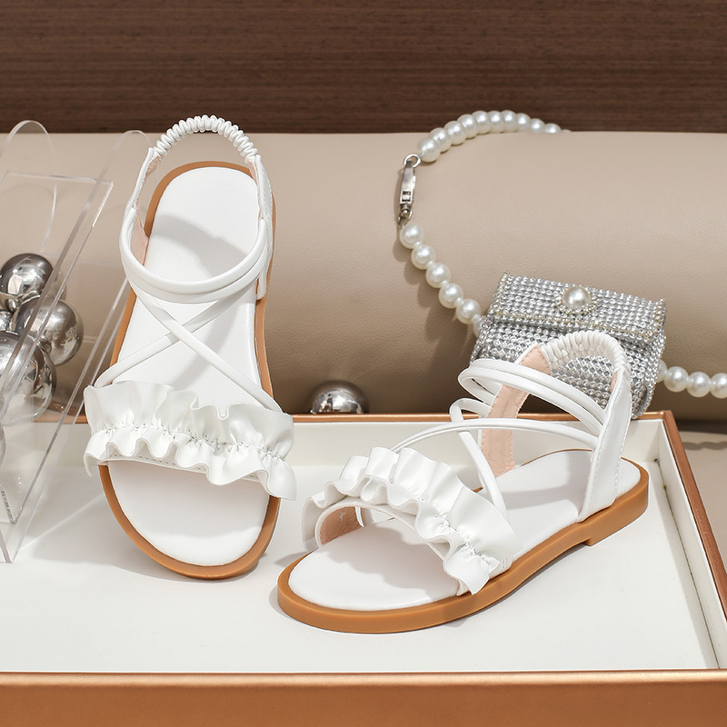 White Sandals Manufacturer - OEM/ODM Korean Style Soft Sole Ruffle Cross Strap
