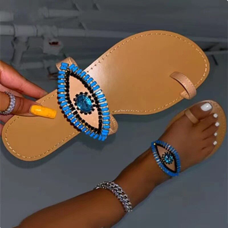 Slipper Sandals Manufacturer - OEM/ODM Beaded Blue Devil Eye Glitter Cross Strap