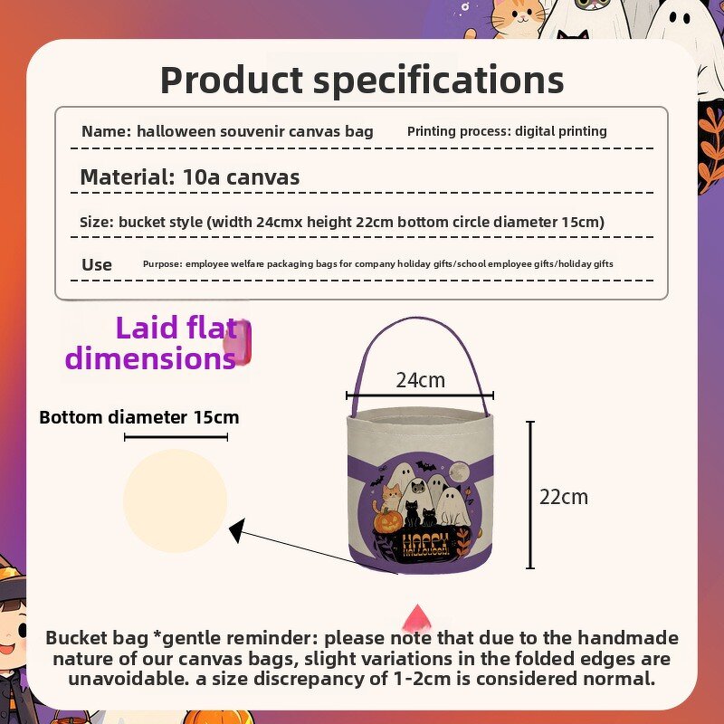 Halloween Bucket Factory - OEM/ODM Cheap Bat Nightmare Print Canvas Basket Bag