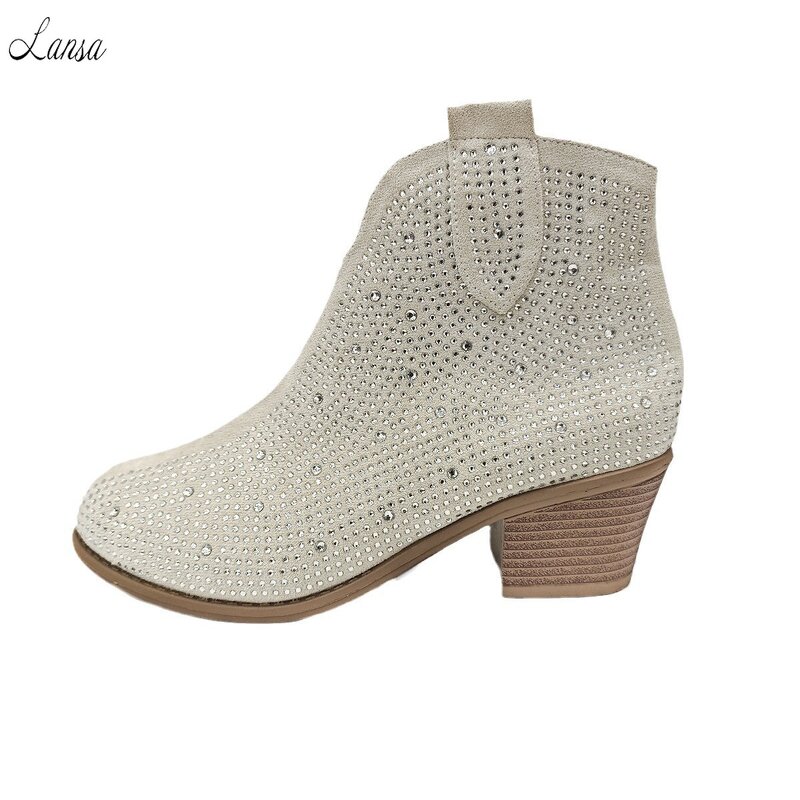 Ankle Boots Manufacturer - OEM/ODM Bling Rhinestones PU Leather Chunky Heels