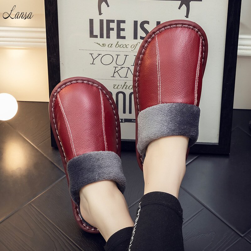 House Slippers Manufacturer - OEM/ODM Winter Cow Leather Thicken Antislip Slippers