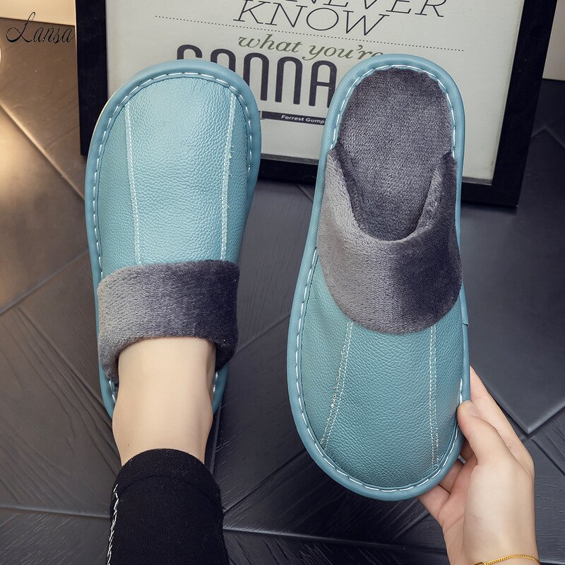 House Slippers Manufacturer - OEM/ODM Winter Cow Leather Thicken Antislip Slippers