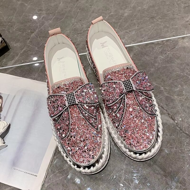 Loafers Factory - OEM/ODM Glitter Sequined Bow Tie Platform Walking Shoes