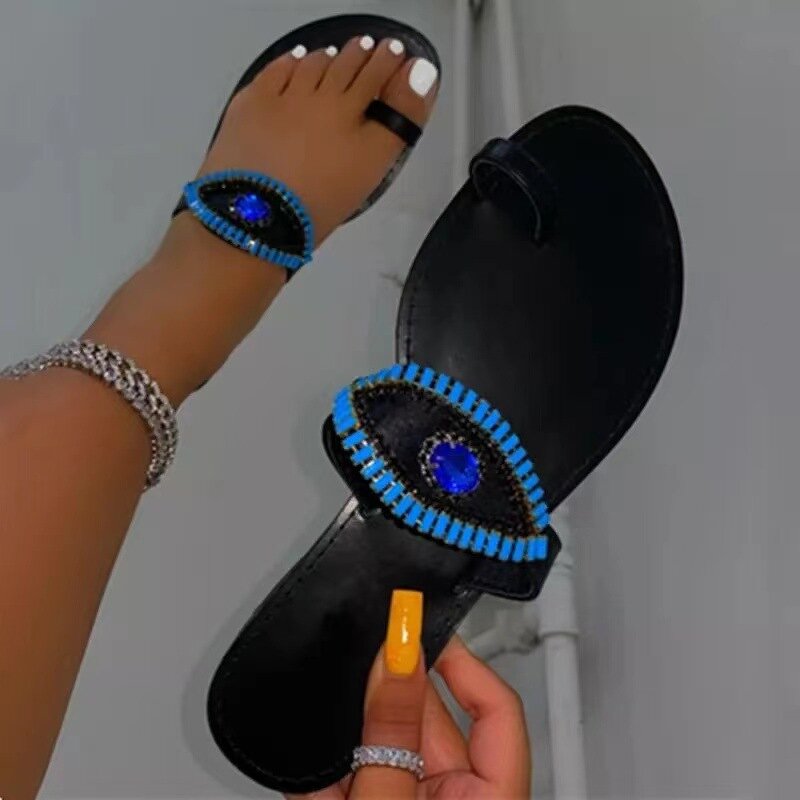 Slipper Sandals Manufacturer - OEM/ODM Beaded Blue Devil Eye Glitter Cross Strap