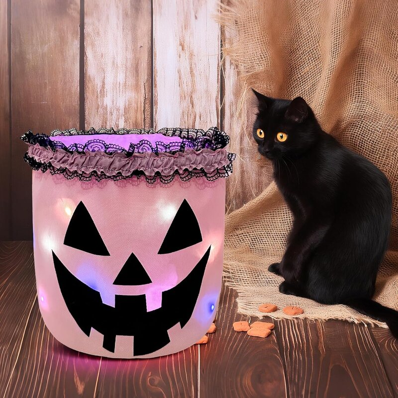 Halloween Basket Manufacturer - OEM/ODM Custom Pumpkin Print Ruffle LED Bucket