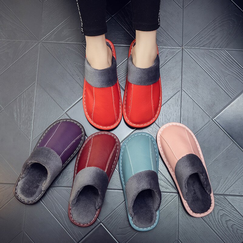 House Slippers Manufacturer - OEM/ODM Winter Cow Leather Thicken Antislip Slippers