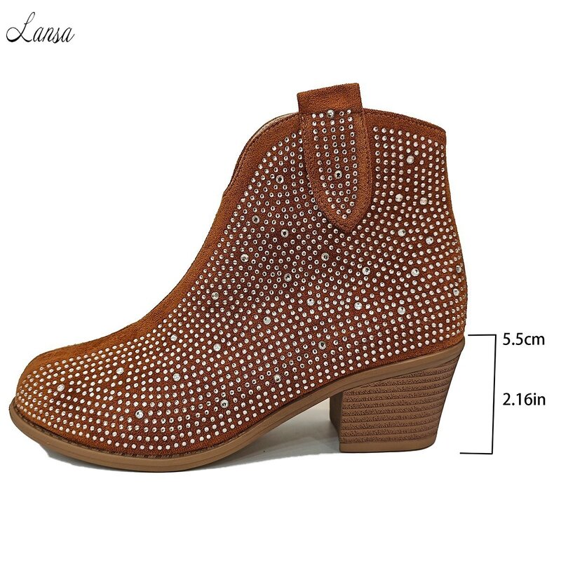 Ankle Boots Manufacturer - OEM/ODM Bling Rhinestones PU Leather Chunky Heels