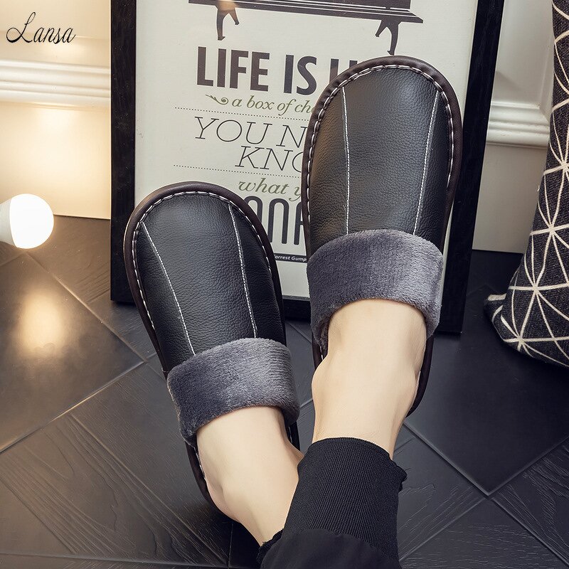 House Slippers Manufacturer - OEM/ODM Winter Cow Leather Thicken Antislip Slippers