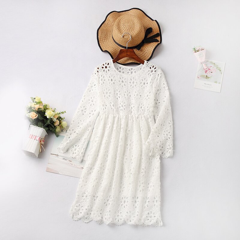 White Dresses Factory - OEM/ODM Cute Mommy and Me Hollow Out Lace Long Sleeve