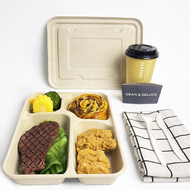 Sugarcane Tray Factory - Custom 4 Compartments with Lid OEM