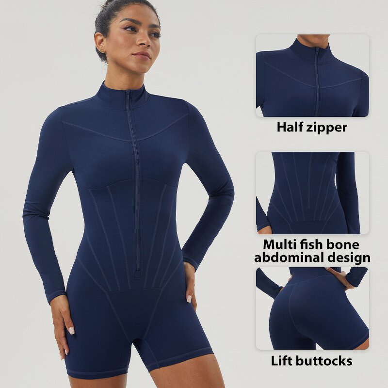 Women's Jumpsuit Manufacturer - OEM/ODM Custom Half Zipper Collar Tight Fitting Bodysuit