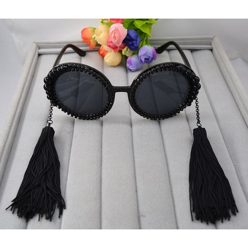 Round Frame Sunglasses Supplier - Custom Tassel Pearl Rhinestone