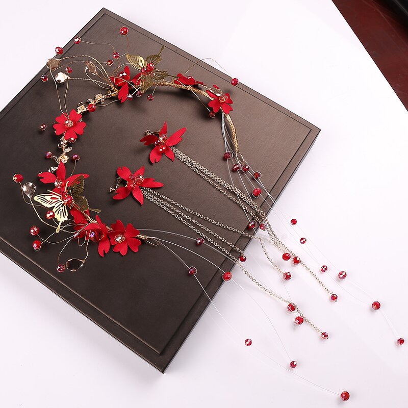 Bridal Headwear Set Manufacturer - Custom Red Crystal Gold