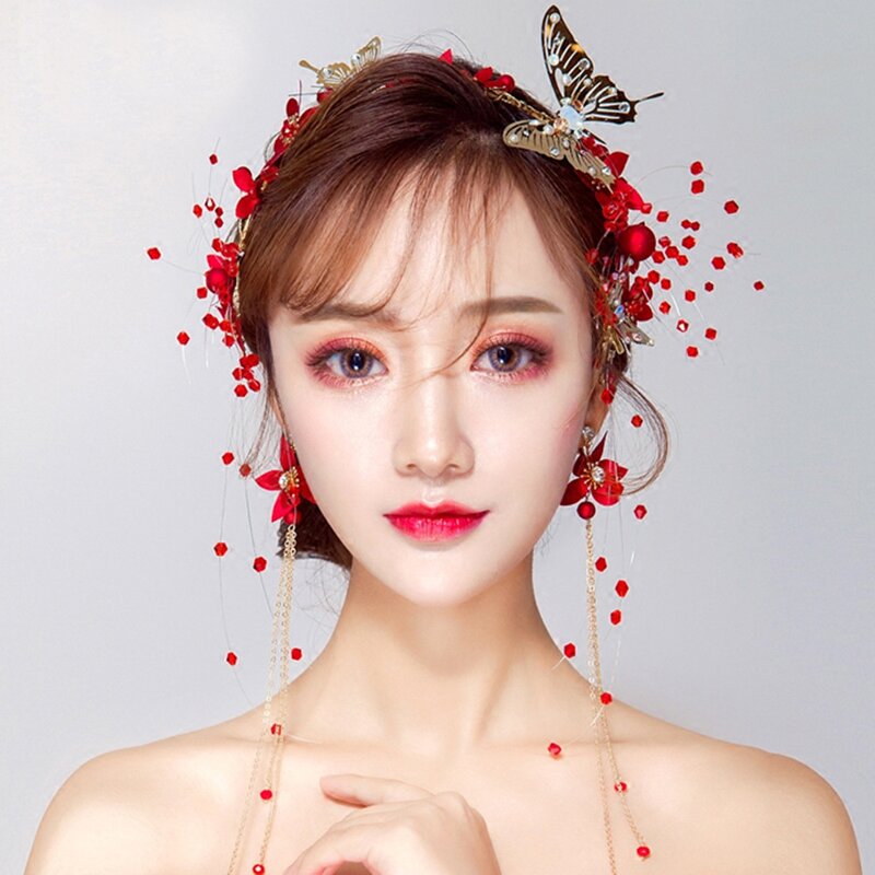 Bridal Headwear Set Manufacturer - Custom Red Crystal Gold