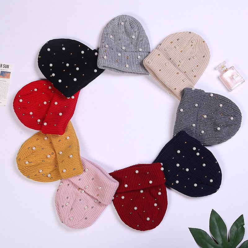Beanie Cap Manufacturer - OEM/ODM Custom Solid Color Cuffed Pearl Decoration Cap