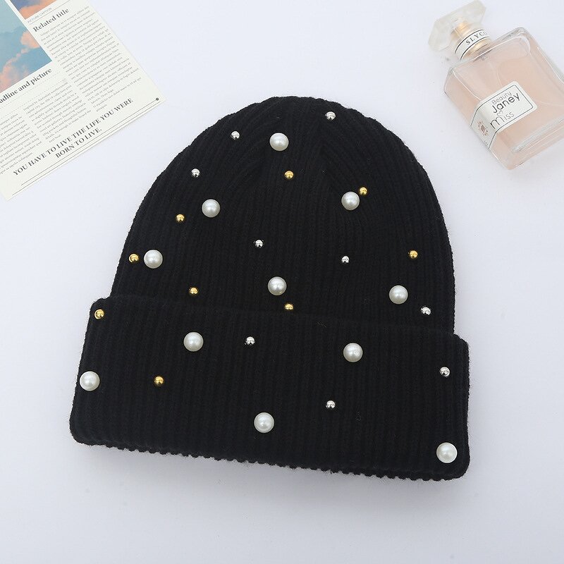 Beanie Cap Manufacturer - OEM/ODM Custom Solid Color Cuffed Pearl Decoration Cap