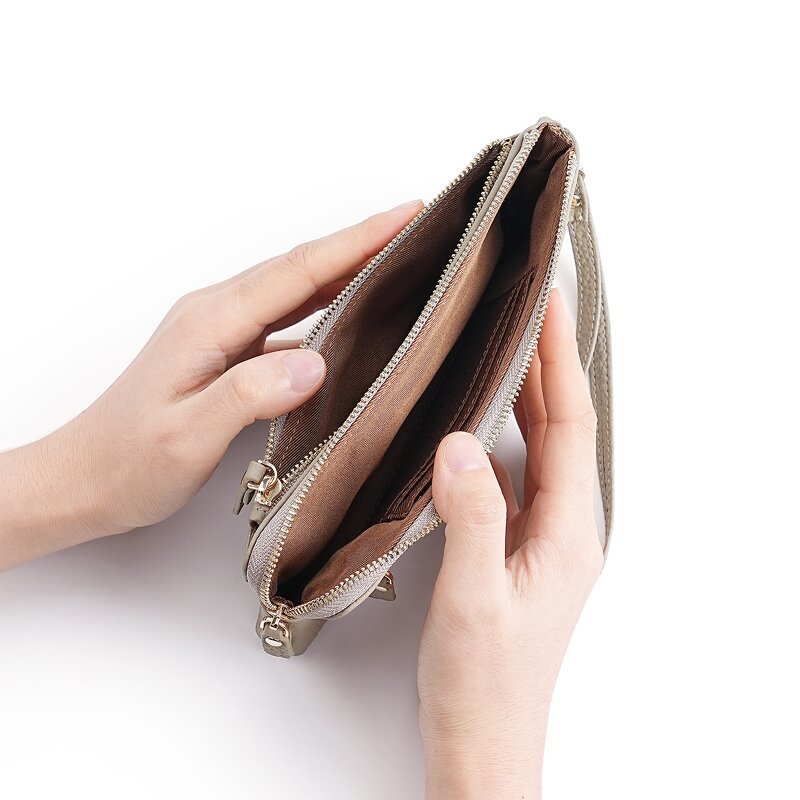 Clutch Purse Manufacturer - OEM/ODM Custom Genuine Leather Double Zipper Wristlet