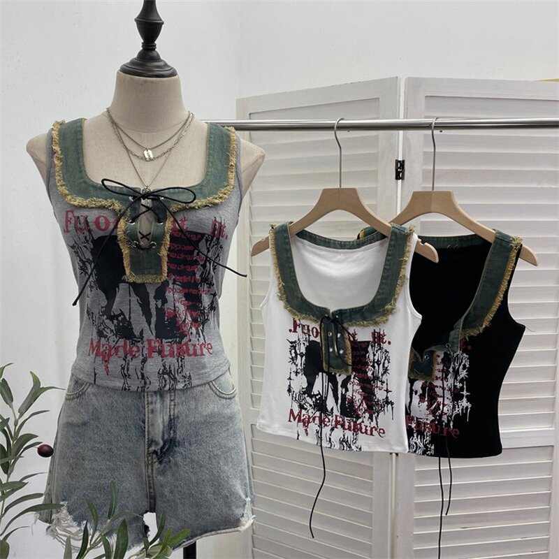 Denim Vest Manufacturer - OEM/ODM Custom Retro Raw Edge Splicing Printed