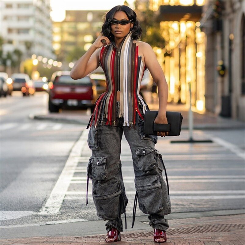 Tank Top Manufacturer - OEM/ODM Custom Colorful Stripe Halter Multiple Zip