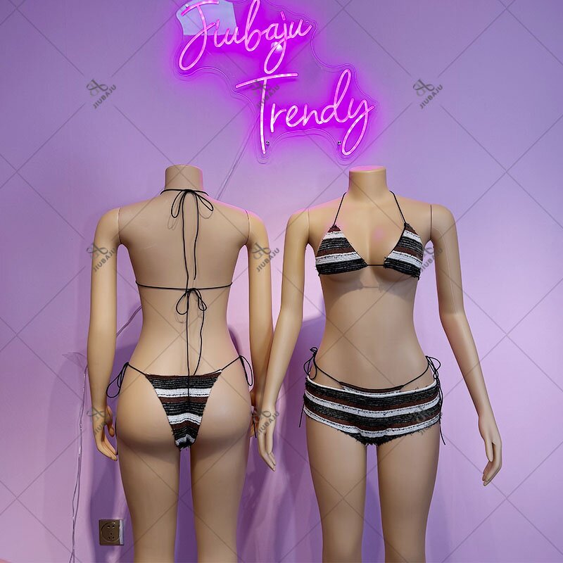 Bikini Set Manufacturer - OEM/ODM Custom Stripe Bandage 3 Piece Halter