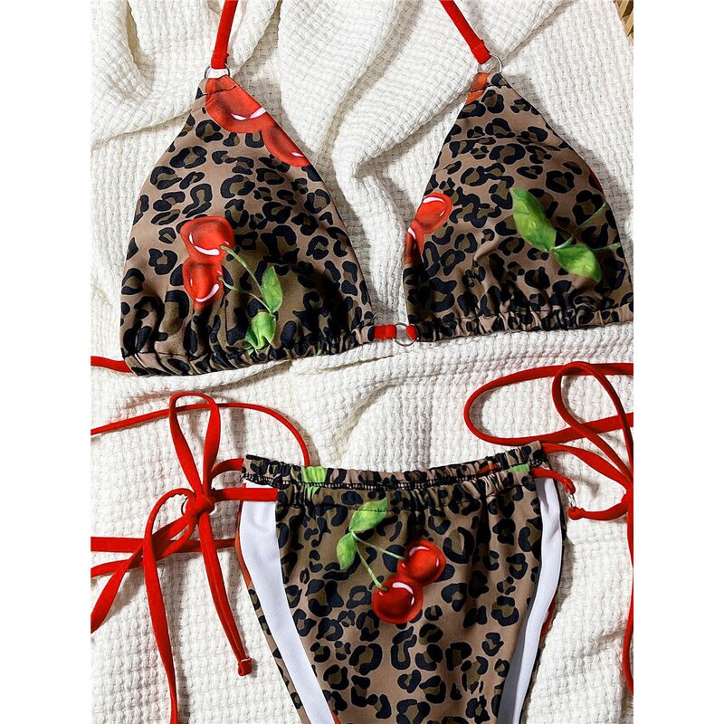 Bikini Set Manufacturer - OEM/ODM Custom Leopard Cherry Print Halter High Cut