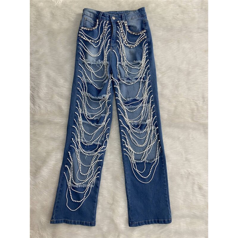 Ripped Jeans Manufacturer - OEM/ODM Custom Diamonds Chain Stretch Distressed