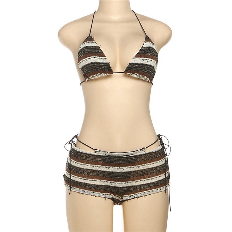Bikini Set Manufacturer - OEM/ODM Custom Stripe Bandage 3 Piece Halter