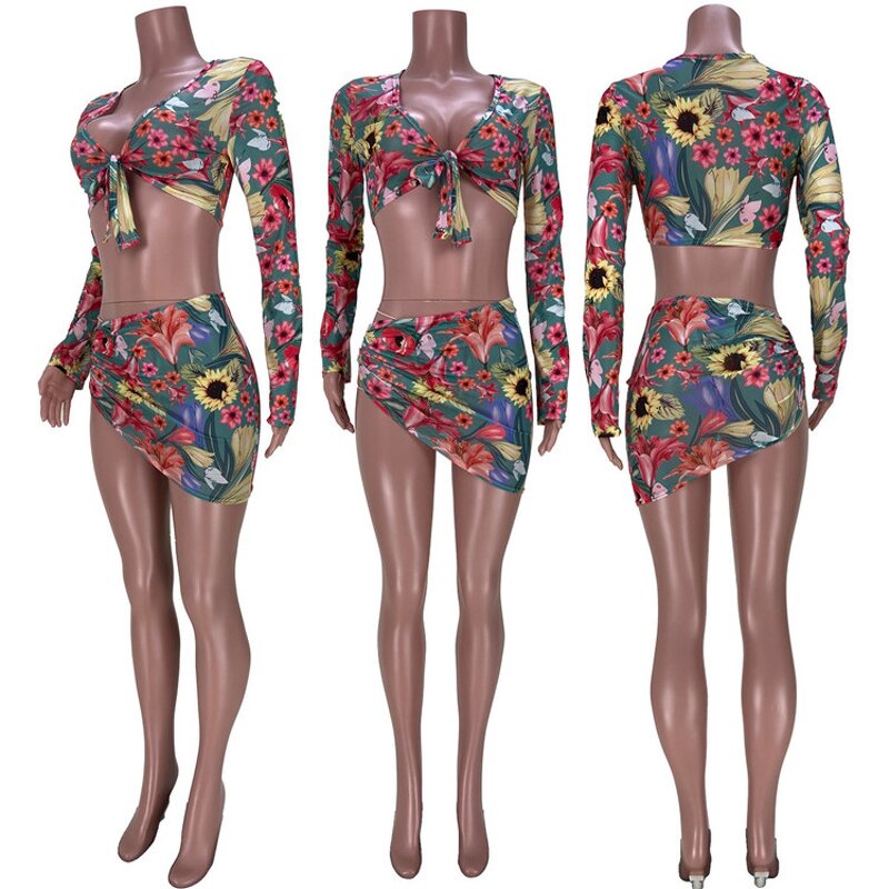 Three Piece Swimsuit Manufacturer - OEM/ODM Custom Floral Print Mesh Long Sleeve