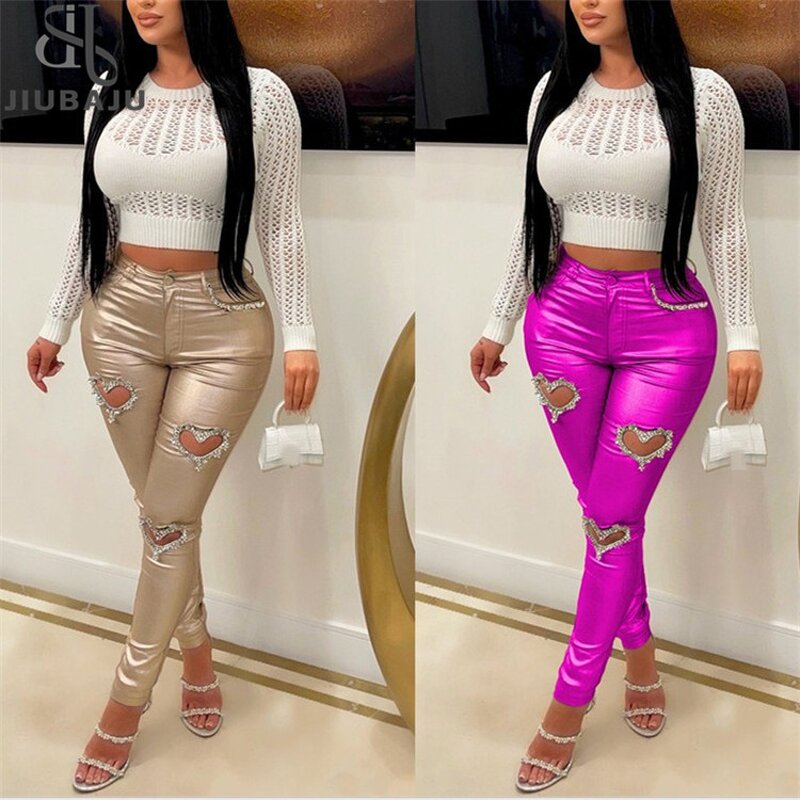 Shiny Pants Manufacturer - OEM/ODM Custom High Waist Heart Rhinestone Gilding