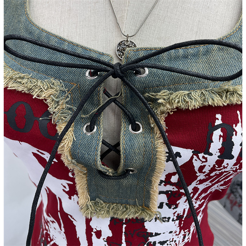 Denim Vest Manufacturer - OEM/ODM Custom Retro Raw Edge Splicing Printed