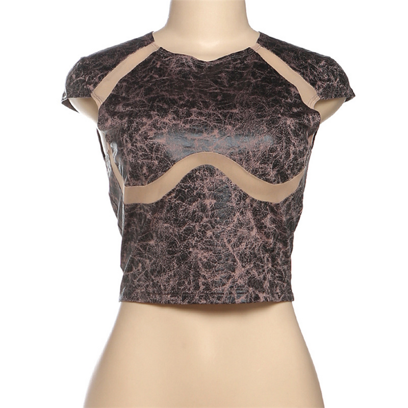 Crop Top Manufacturer - OEM/ODM Custom Mesh Patchwork Print O-Neck Sleeveless