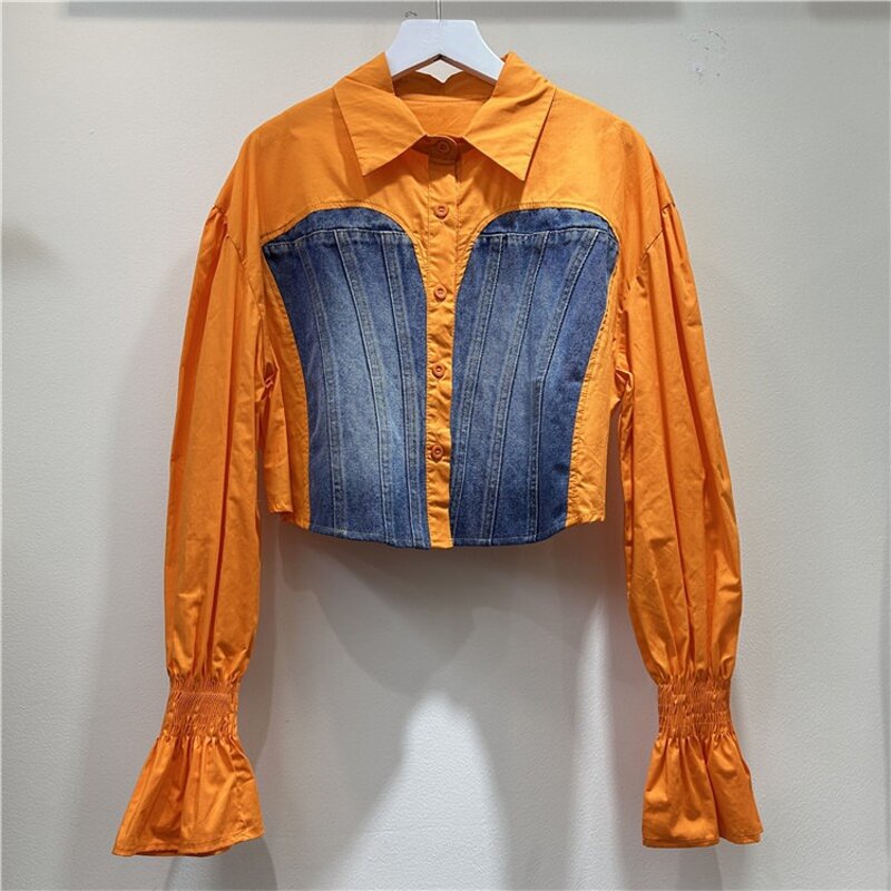 Denim Shirt Manufacturer - OEM/ODM Custom Patchwork Flare Sleeve Contrast