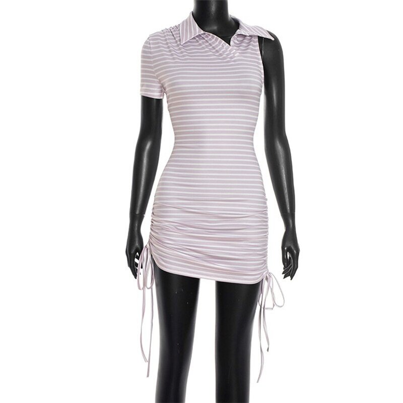 Mini Dress Manufacturer - OEM/ODM Custom Turn-down Collar One Sleeve Striped