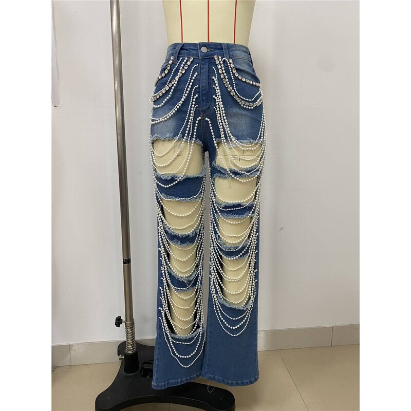 Ripped Jeans Manufacturer - OEM/ODM Custom Diamonds Chain Stretch Distressed