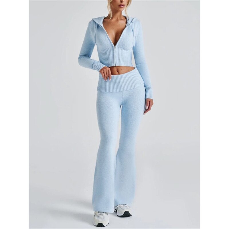 Knitted Set Manufacturer - OEM/ODM Custom Slim Short Hooded Cardigan Trousers