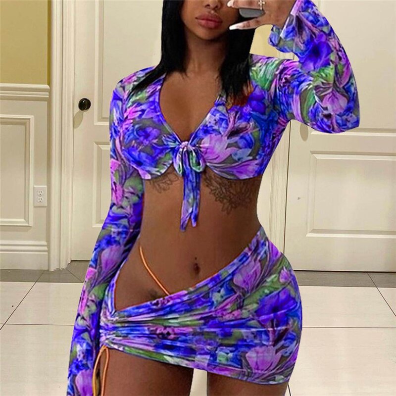 Three Piece Swimsuit Manufacturer - OEM/ODM Custom Floral Print Mesh Long Sleeve