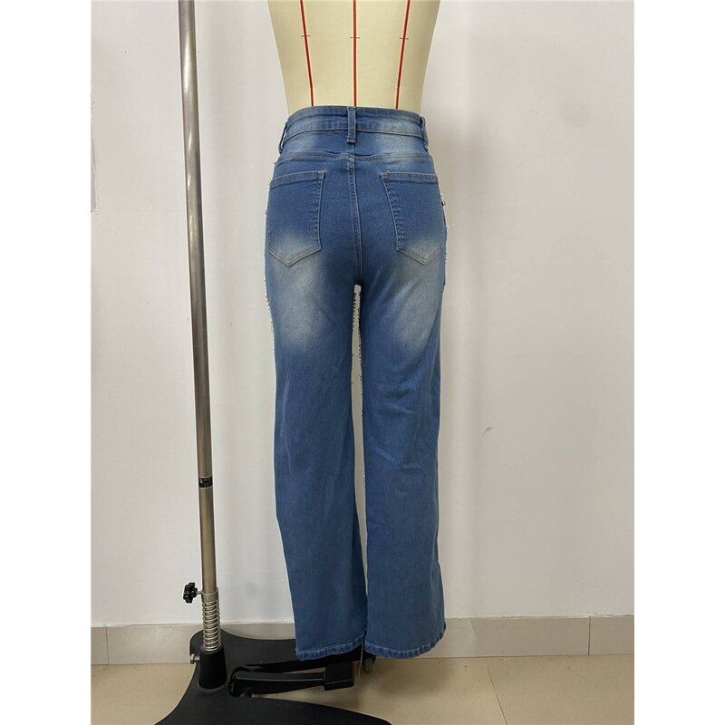 Ripped Jeans Manufacturer - OEM/ODM Custom Diamonds Chain Stretch Distressed