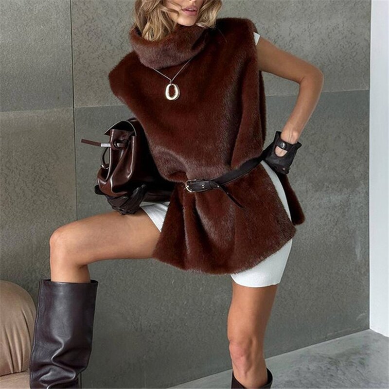 Faux Fur Vest Manufacturer - OEM/ODM Custom Elegant Solid Fluffy High Neck