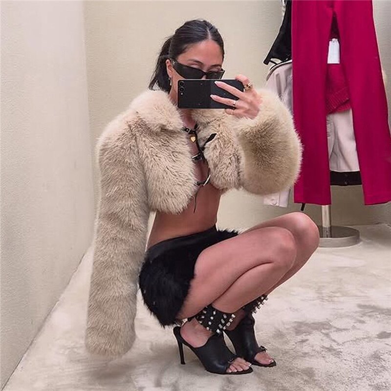 Furry Crop Jacket Manufacturer - OEM/ODM Custom Winter Elegant Warm Belt Buckle