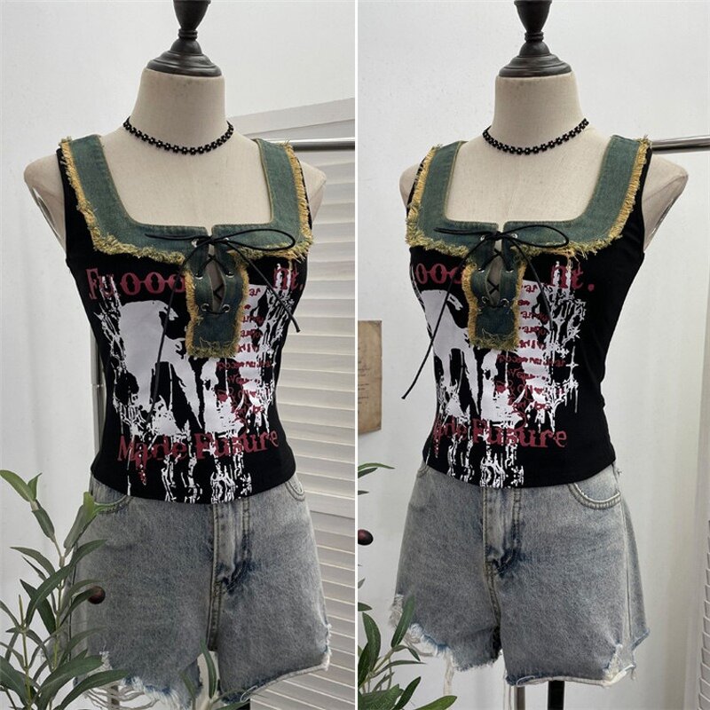 Denim Vest Manufacturer - OEM/ODM Custom Retro Raw Edge Splicing Printed