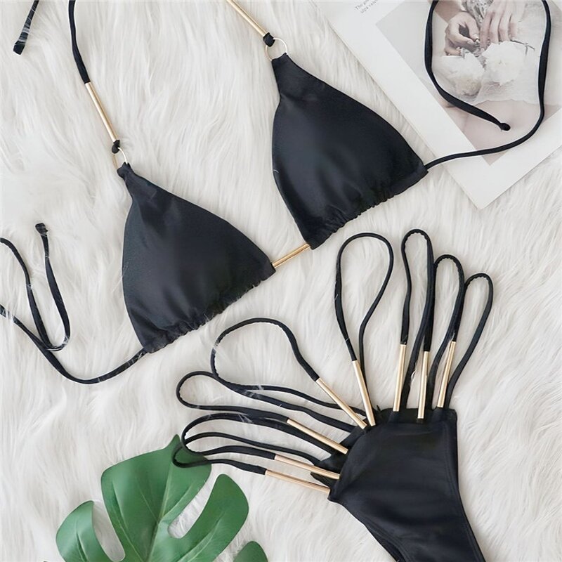 Bikini Set Manufacturer - OEM/ODM Custom Sexy Halter Metal Rings High Leg