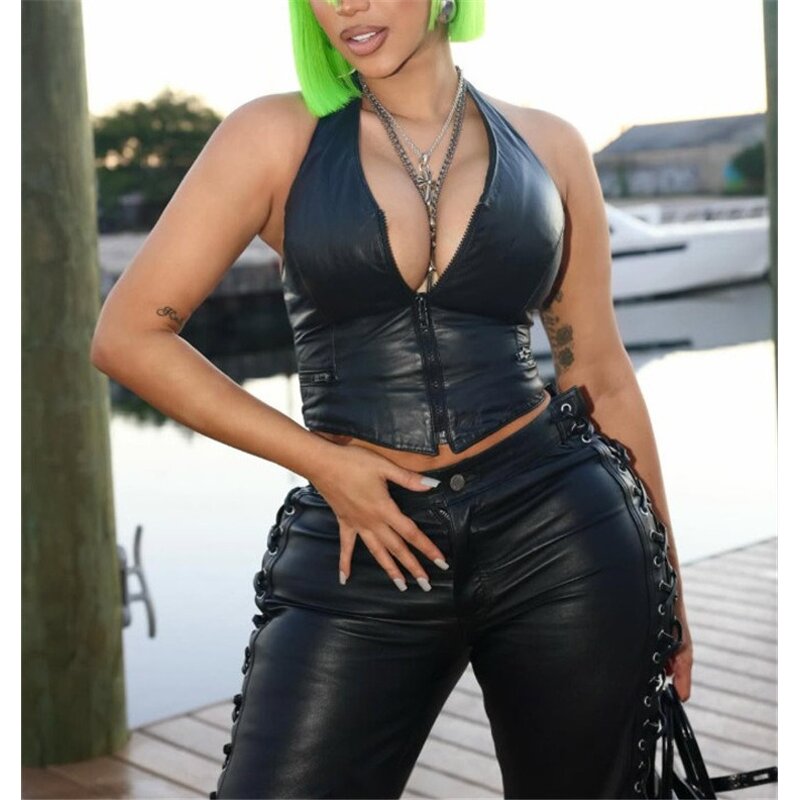 Two Piece Set Manufacturer - OEM/ODM Custom Sexy PU Halter Crop Top