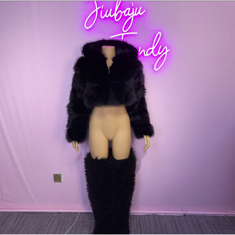 Furry Coat Manufacturer - OEM/ODM Custom Plus Size Cropped Faux Fur Hooded