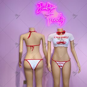 Bikini Set Manufacturer - OEM/ODM Custom Cherry Printed Short Sleeve Three-piece