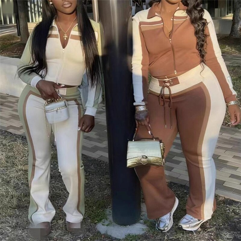 Tracksuit Set Manufacturer - OEM/ODM Custom Patchwork Color Zip Crop Top