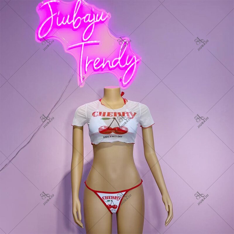 Bikini Set Manufacturer - OEM/ODM Custom Cherry Printed Short Sleeve Three-piece