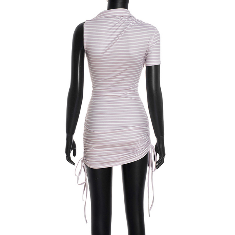 Mini Dress Manufacturer - OEM/ODM Custom Turn-down Collar One Sleeve Striped