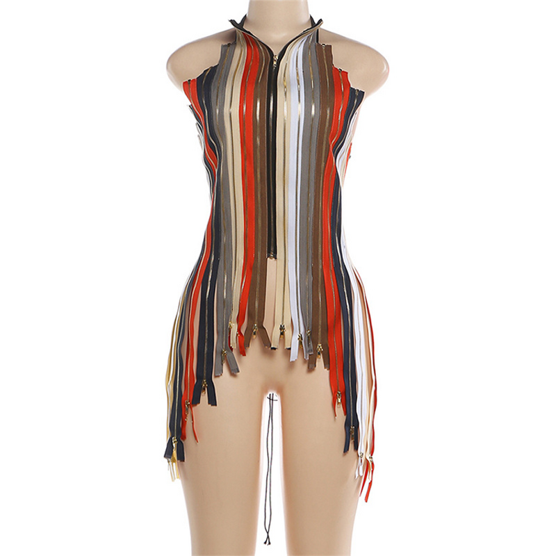 Tank Top Manufacturer - OEM/ODM Custom Colorful Stripe Halter Multiple Zip