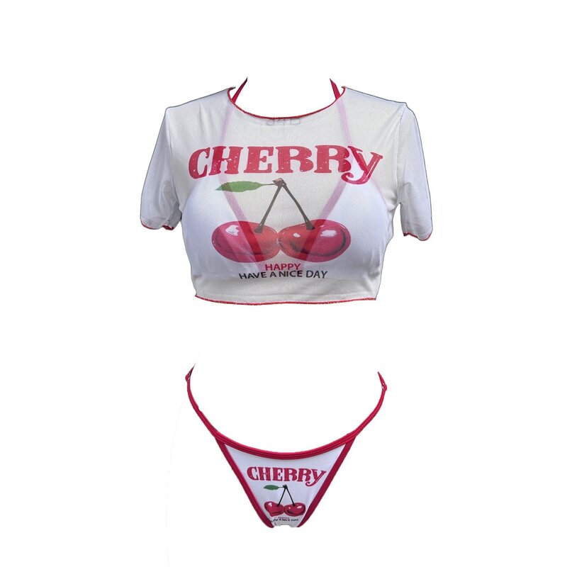 Bikini Set Manufacturer - OEM/ODM Custom Cherry Printed Short Sleeve Three-piece